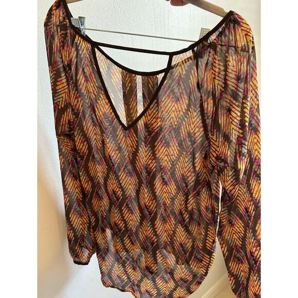 Blu Pepper By Anthropologie Blouse Women L Sheer Fairycore Boho Aztec Sheer 80s - Picture 1 of 15